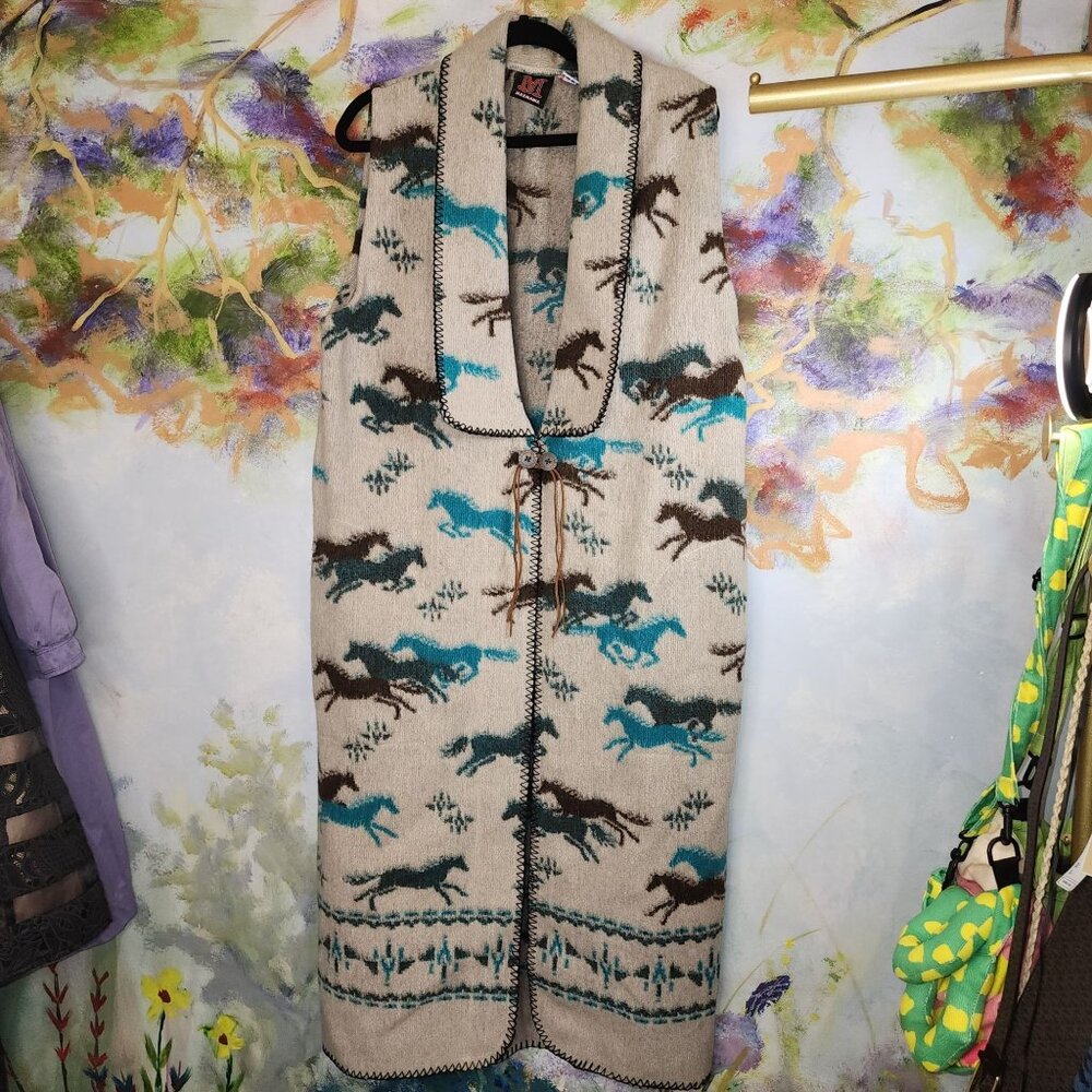 Mazmania Western Horse Print Duster Vest  Grey, Brown, & Turquoise